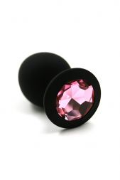 Черная анальная пробка Silicone Medium с розовым кристаллом